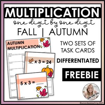 Fall Autumn Digit Multiplication Task Cards Differentiated Back