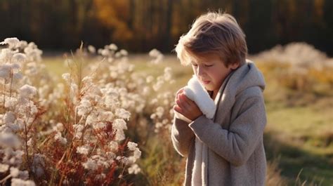 Premium Photo | Little boy sneezing with tissue outdoors sick child ...