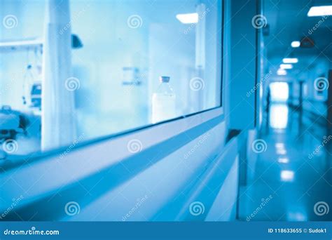 Long Hospital Hallway with Observation Window To the Ward Stock Image - Image of abstract ...