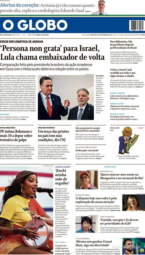 Capa O Globo Edição Terça 20 de Fevereiro de 2024