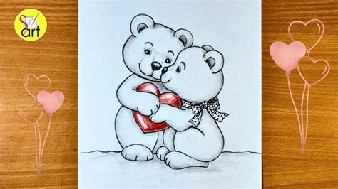 Two Teddy Bears Hugging with Hearts | Step-by-step Pencil Sketch