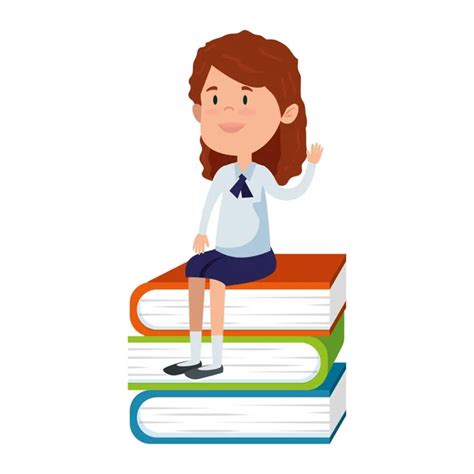 Happy Student Girl Seated In Pile Text Books Stock Vector Image By