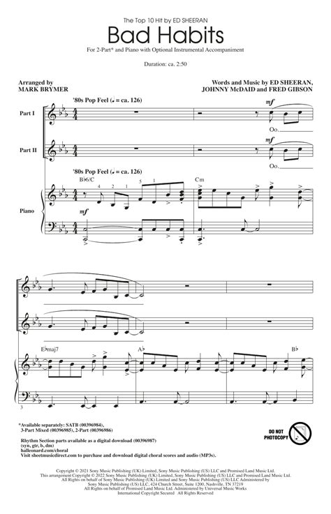 Bad Habits Arr Mark Brymer By Ed Sheeran Sheet Music For Part