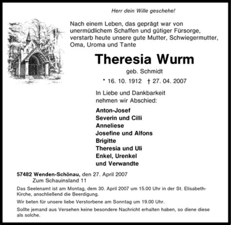 Traueranzeigen Von Theresia Wurm Trauer In NRW De