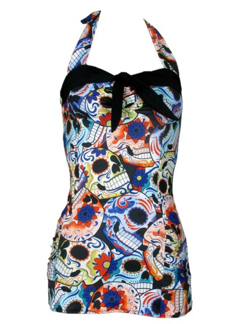 Womens Sugar Skull One Piece Swimsuit By Pinky Pinups Pool Party