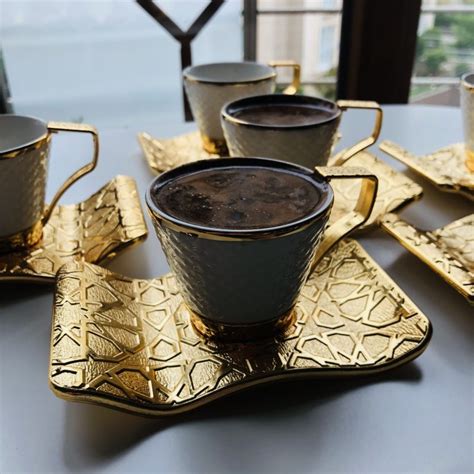 Luxury Gold Color Turkish Coffee Cup Set For Six Person Traditional Turk