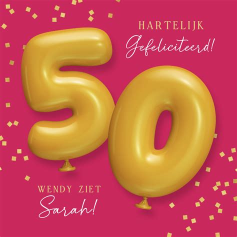 Verjaardagskaart Sarah 50 Ballonnen Confetti Kaartje2go