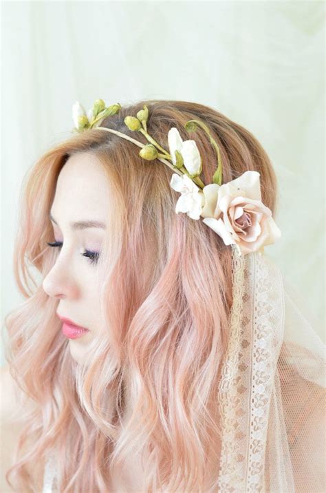 Floral Crown Veil Wedding Headpiece Bridal Veil Ivory Etsy Floral