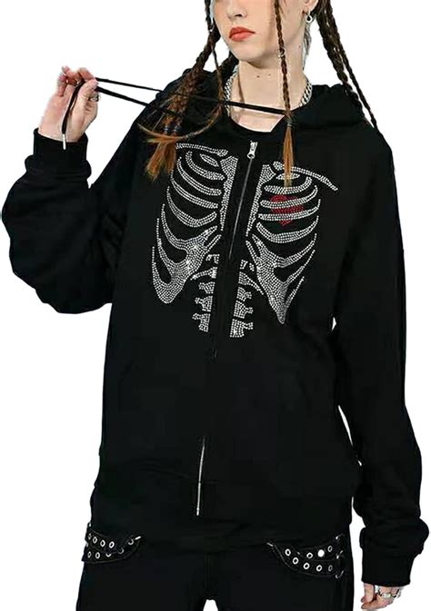 Skeleton Zip Up Hoodie Y2k E Girls Women Aesthetic Oversized Sweater