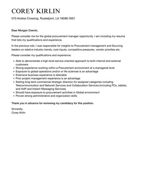 Global Procurement Manager Cover Letter Velvet Jobs