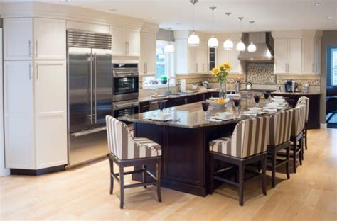 a large kitchen with an island in the middle and chairs around it ...