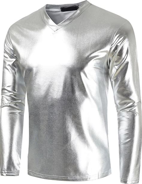 Mi Manchi Mens Metallic Gold Shiny Nightclub Styles Dress Shirts Silver