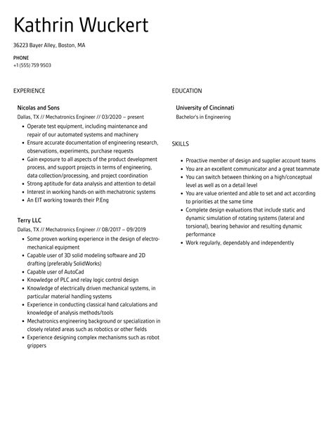 Mechatronics Engineer Resume Samples Velvet Jobs