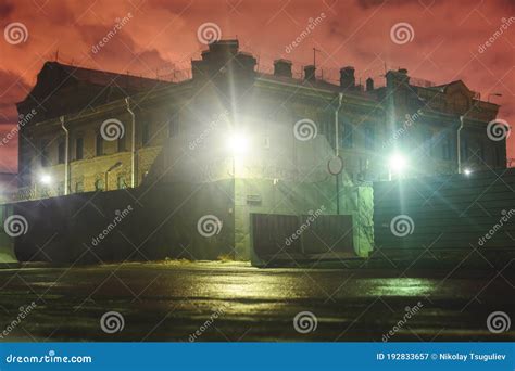 A Night View Of Protected Creepy Penitentiary Prison Building Facility ...