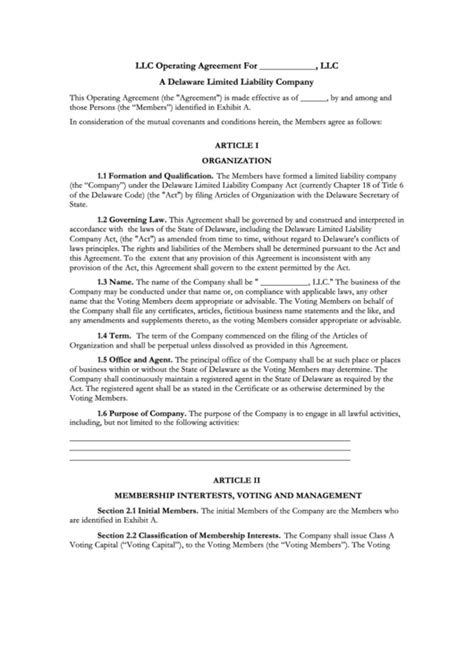 Delaware Operating Agreement Template