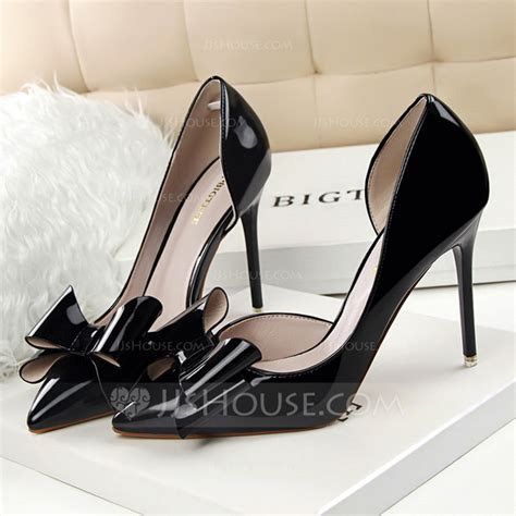 Womens Patent Leather Stiletto Heel Pumps Closed Toe With Bowknot