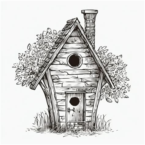 A Black And White Drawing Of A Birdhouse With A Tree Generative Ai