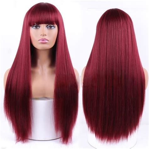 Cheap Xinran Fashion Long Straight Hair Wig With Bangs Wine Red Synthetic Fiber Wig For Women