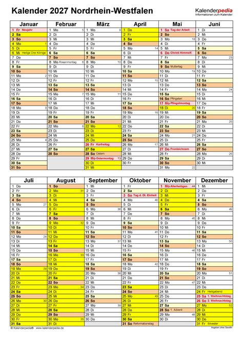 Kalender 2027 NRW Ferien Feiertage Excel Vorlagen