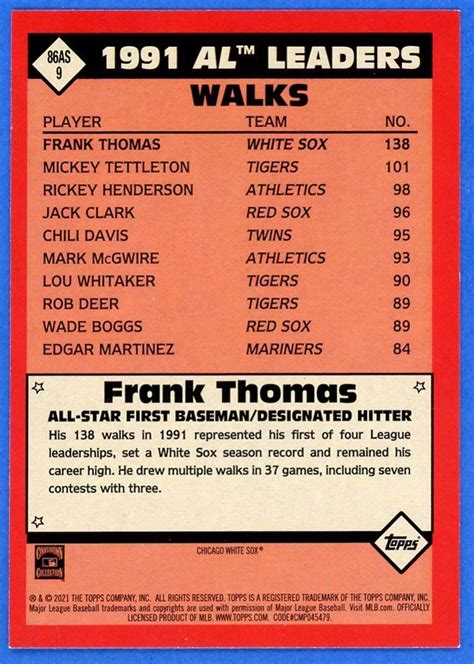 2021 Topps Al All Star Frank Thomas Chicago White Sox 86as 9 Insert Ebay