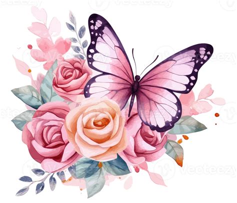 Watercolor Colorful Butterfly And Flower Png