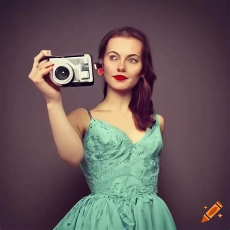 Vintage Selfie Of A Woman With A Polaroid Camera In A Beautiful Dress