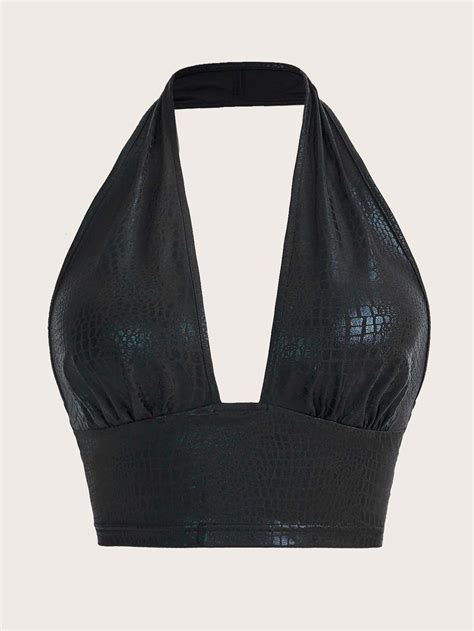 Mais Topo De Cabresto De Cropped Padrão De Crocodilo Sem Encosto In 2023 Halter Top Halter