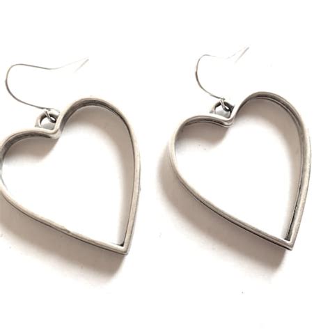 Heart Earrings Silver Dangle Long Drop Hoop Tibetan Style Etsy