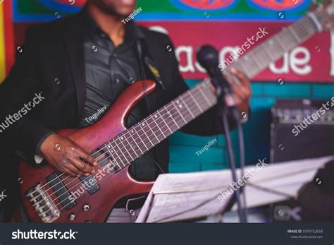 Concert View Africanamerican Musician Electric Bass Stock Photo