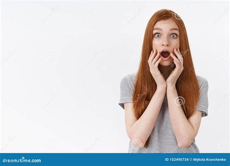 Shocked Amused Girl Standing Stunned Surprised Reacting On Gray