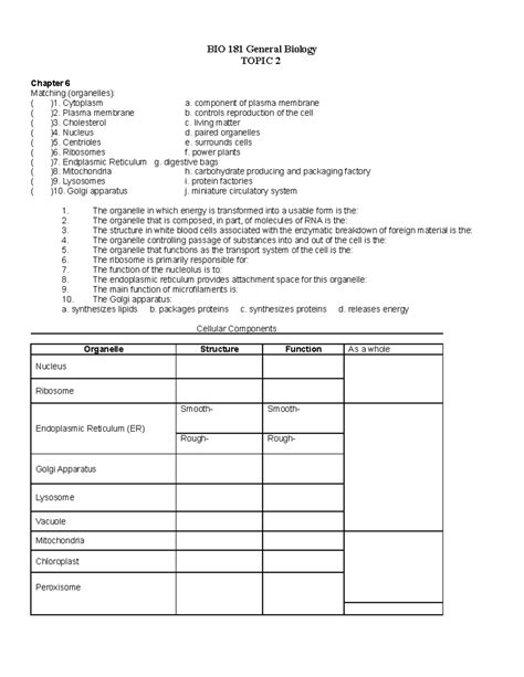 WEEK 3 HW CH 6 Worksheet BIO 181 General Biology TOPIC 2 Chapter 6