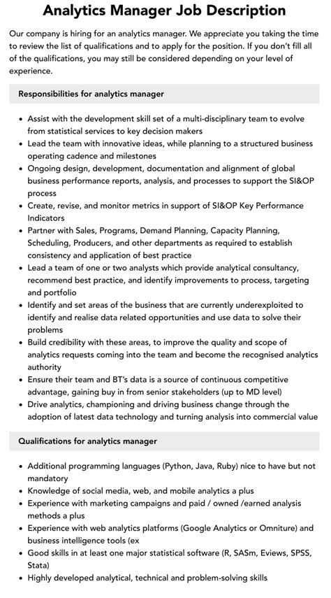 Analytics Manager Job Description Velvet Jobs