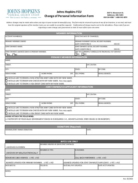 Fillable Online Johns Hopkins FCU Change Of Personal Information Form