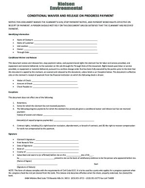 Fillable Online Conditional Waiver And Release On Progress Payment