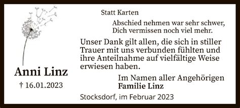 Traueranzeigen Von Anni Linz Trauer Kreiszeitung De