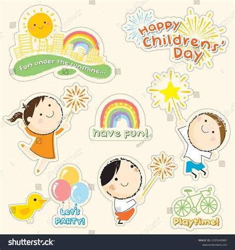 Happy Childrens Day Fun Sticker Design เวกเตอร์สต็อก ปลอดค่าลิขสิทธิ์