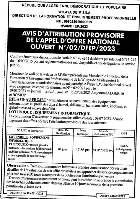 Avis Dattribution Provisoire De Lappel Doffre National Ouvert N02