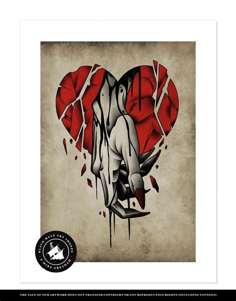 Broken, Heart, Neo-traditional Tattoo Flash, Old School, Art Print ...