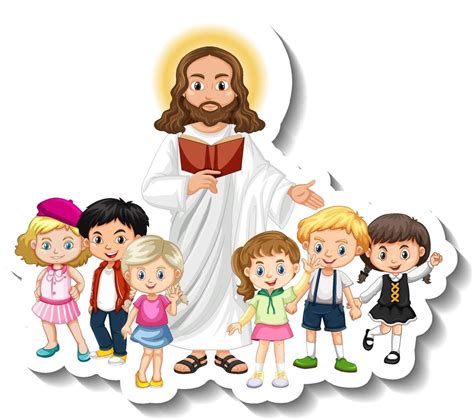 Jezus Christus Met Kinderen Groep Sticker Op Witte Achtergrond