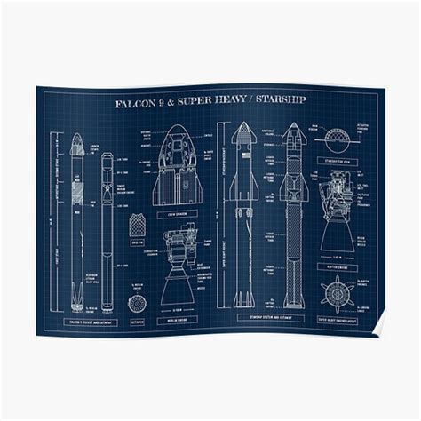 Spacex Falcon Super Heavy Starship Navy Blueprint Premium