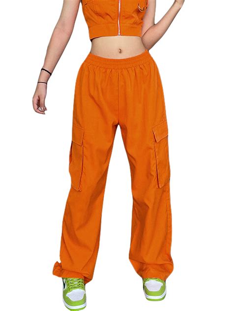 Low Waist Baggy Cargo Pants For Women Orange Straight Fit Drawstring Strap Wide Leg Pants Casual