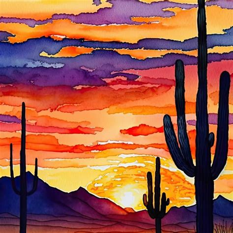 Desert Sunset Print Colorful Watercolor Wall Art Southwest Landscape