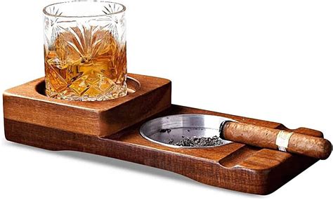 Kovot Cigar Ashtray And Whiskey Glass Tray Exquisite Rustic Wooden Tray With Cocktail Glass