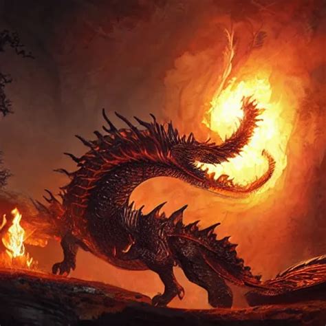 A Ferocious Molten Metal Dragon Guarding The Sacred Stable Diffusion