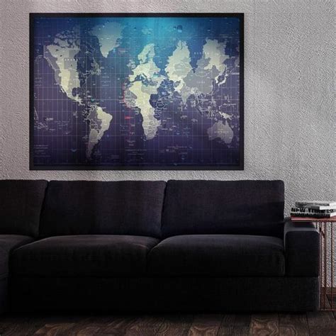 Quadro Mapa Mundi Azul e Prata Tela Única Decor Arte RJ Quadro