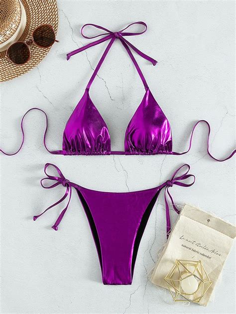 Roxo Sensual Collar Simples Embellished Elasticidade Baixa Swimsuit Tops Bikini Swimsuits