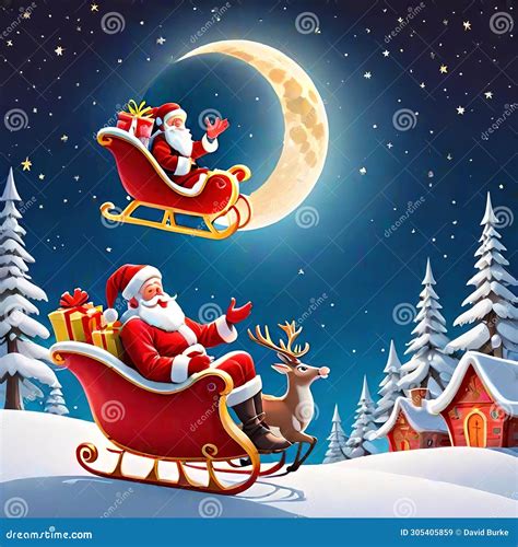 Christmas Santa Sleigh Helper Flying Night Moon Stars Snow Stock Illustration Illustration Of