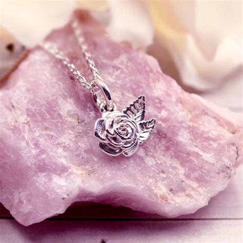 Silver Rose Necklace Handmade Jewellery Rose Leaf Charm Pendant Flower