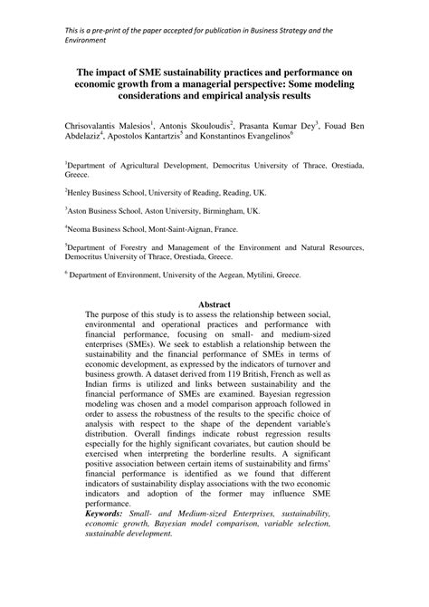 Pdf The Impact Of Sme Sustainability Practices And Performance On