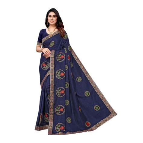 Fashion Women S Vichitra Silk Embroidery Sarees Navy Blue 5 6 Mtrs